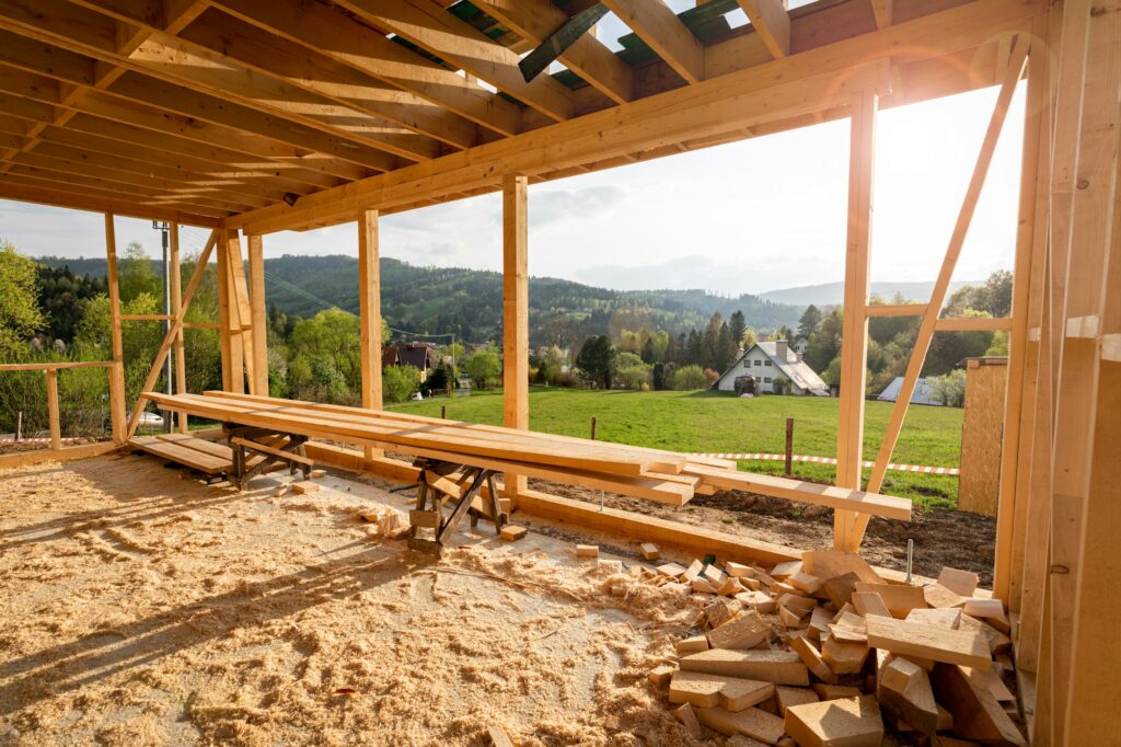 New interior residential wooden construction house framing